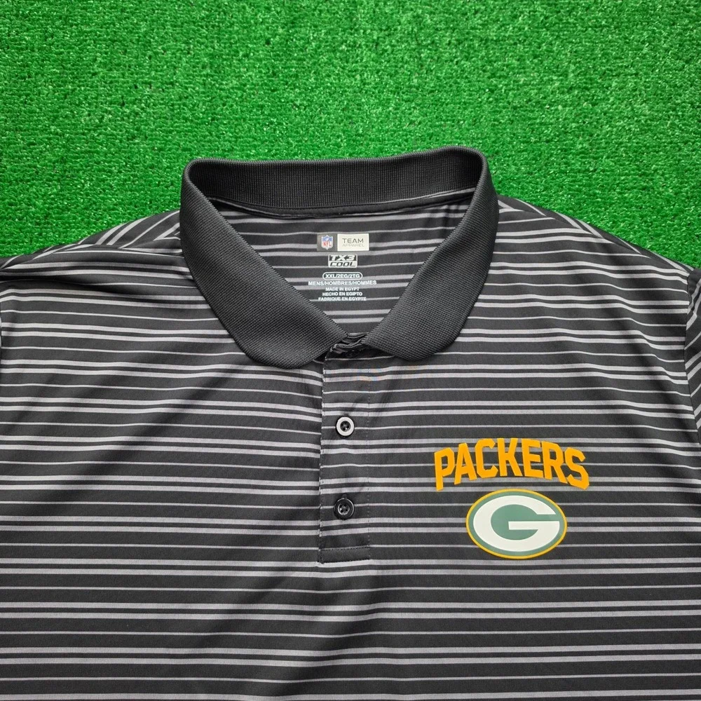 Green‎ Bay Packers Polo Shirt Mens 2XL Black Striped NFL Team Apparel Football